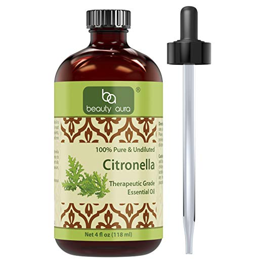 Beauty Aura - 100 % Pure & Undiluted Citronella Essence - 4 Ounces - Uplifting Citrusy Aromatherapy Oil - Effective Insect Re